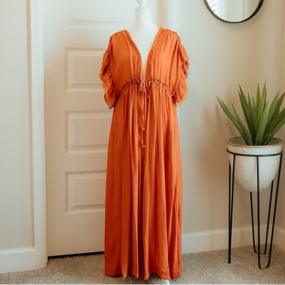 Orange Maxi Dress with Drawstring Detail - NWOT